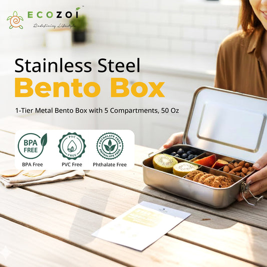 Ecozoi Stainless Steel Lunch Box for Kids and Adults, 5 Compartment, Solid Print, Leak Proof, 50 oz