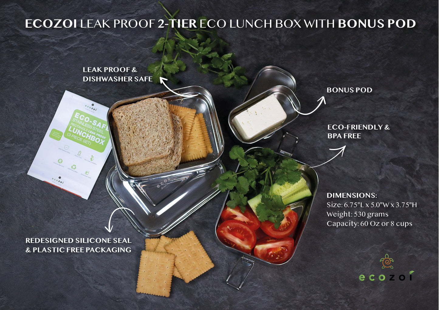 Ecozoi Stainless Steel Bento Lunch Box for Kids and Adults, 3 Compartment, Solid Print, 2 Tier Leak Proof, 60 oz