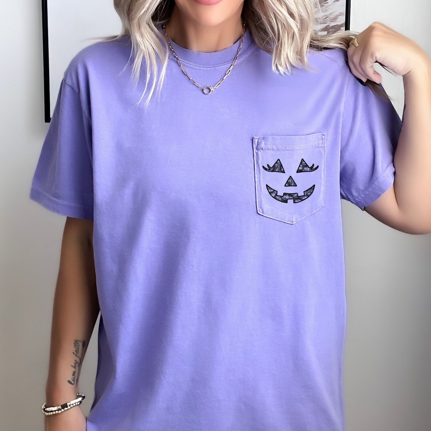Jack o Lantern, Coquette, Faux Lace, Halloween, Pocket, Comfort Colors Pocket T-Shirt