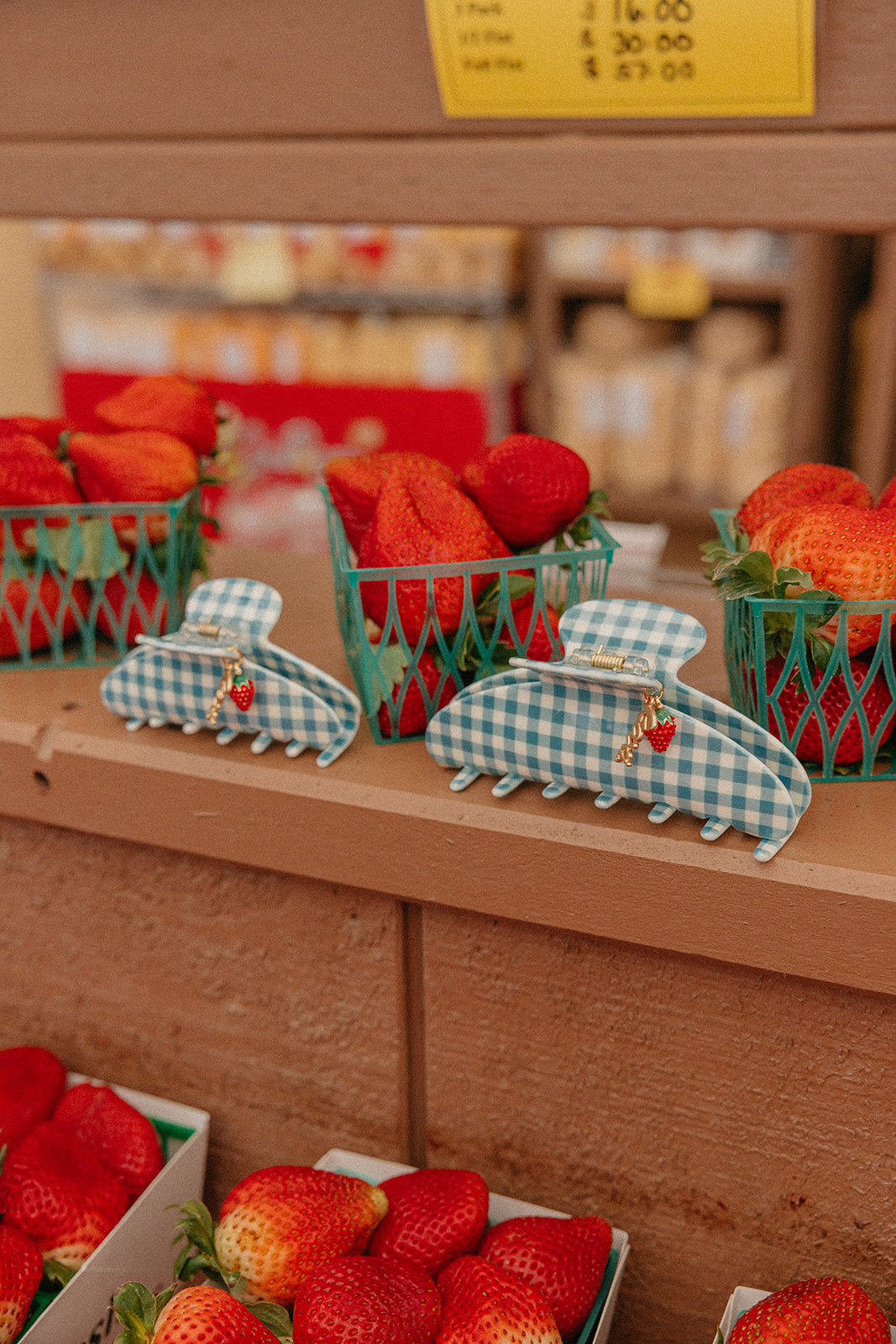 BLUE GINGHAM STRAWBERRY CHARM CLAW