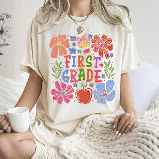 First Grade, Boho, Teacher, Back to School, Floral, First Day of School, Cute, Teacher Appreciation, Coquette, Comfort Colors T-Shirt