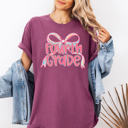 Fourth Grade, Neon Pink, Teacher, Back to School, Bow, First Day of School, Cute, Teacher Appreciation, Coquette, Comfort Colors T-Shirt