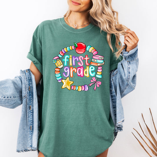 First Grade, Teacher, Back to School, Bracelets, Bow, First Day of School, Cute, Teacher Appreciation, Coquette, Comfort Colors T-Shirt