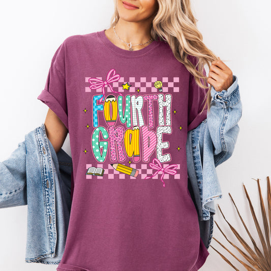 Fourth Grade, Teacher, Back to School, Checkered, Bow, First Day of School, Cute, Teacher Appreciation, Coquette, Comfort Colors T-Shirt