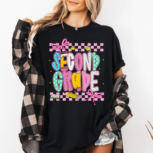 Second Grade, Teacher, Back to School, Checkered, Bow, First Day of School, Cute, Teacher Appreciation, Coquette, Comfort Colors T-Shirt
