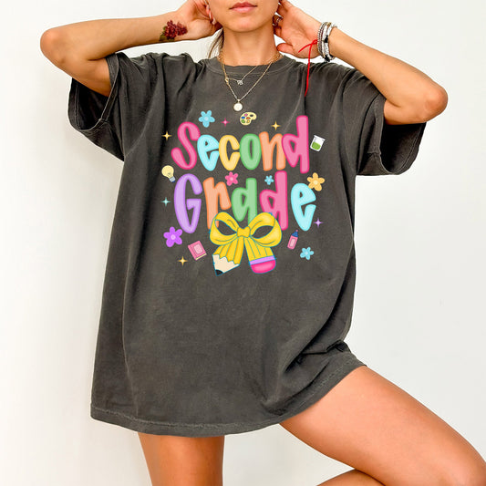 Second Grade, Teacher, Back to School, Neon, Bow, First Day of School, Cute, Teacher Appreciation, Coquette, Comfort Colors T-Shirt