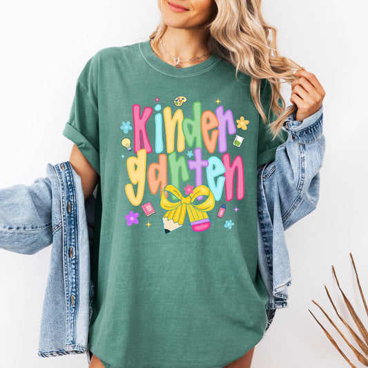 Kindergarten, Teacher, Back to School, Neon, Bow, First Day of School, Cute, Teacher Appreciation, Coquette, Comfort Colors T-Shirt