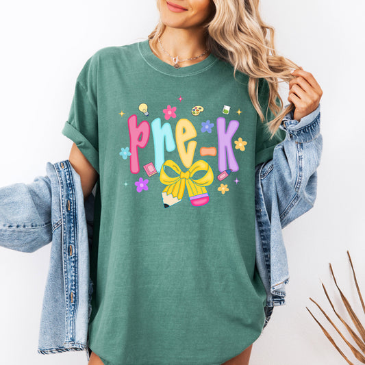 Pre-K, Teacher, Back to School, Neon, Bow, First Day of School, Cute, Teacher Appreciation, Coquette, Comfort Colors T-Shirt