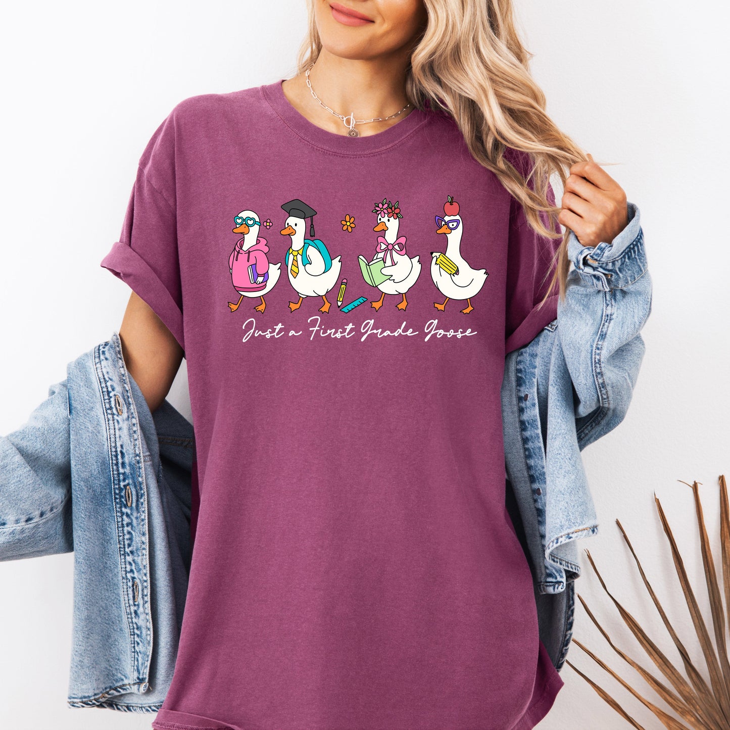 Just A First Grade Goose, Teacher, Back to School, Funny, Bow, First Day of School, Cute, Teacher Appreciation, Coquette, Comfort Colors T-Shirt