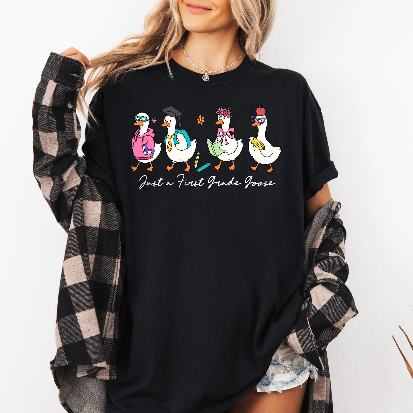 Just A First Grade Goose, Teacher, Back to School, Funny, Bow, First Day of School, Cute, Teacher Appreciation, Coquette, Comfort Colors T-Shirt