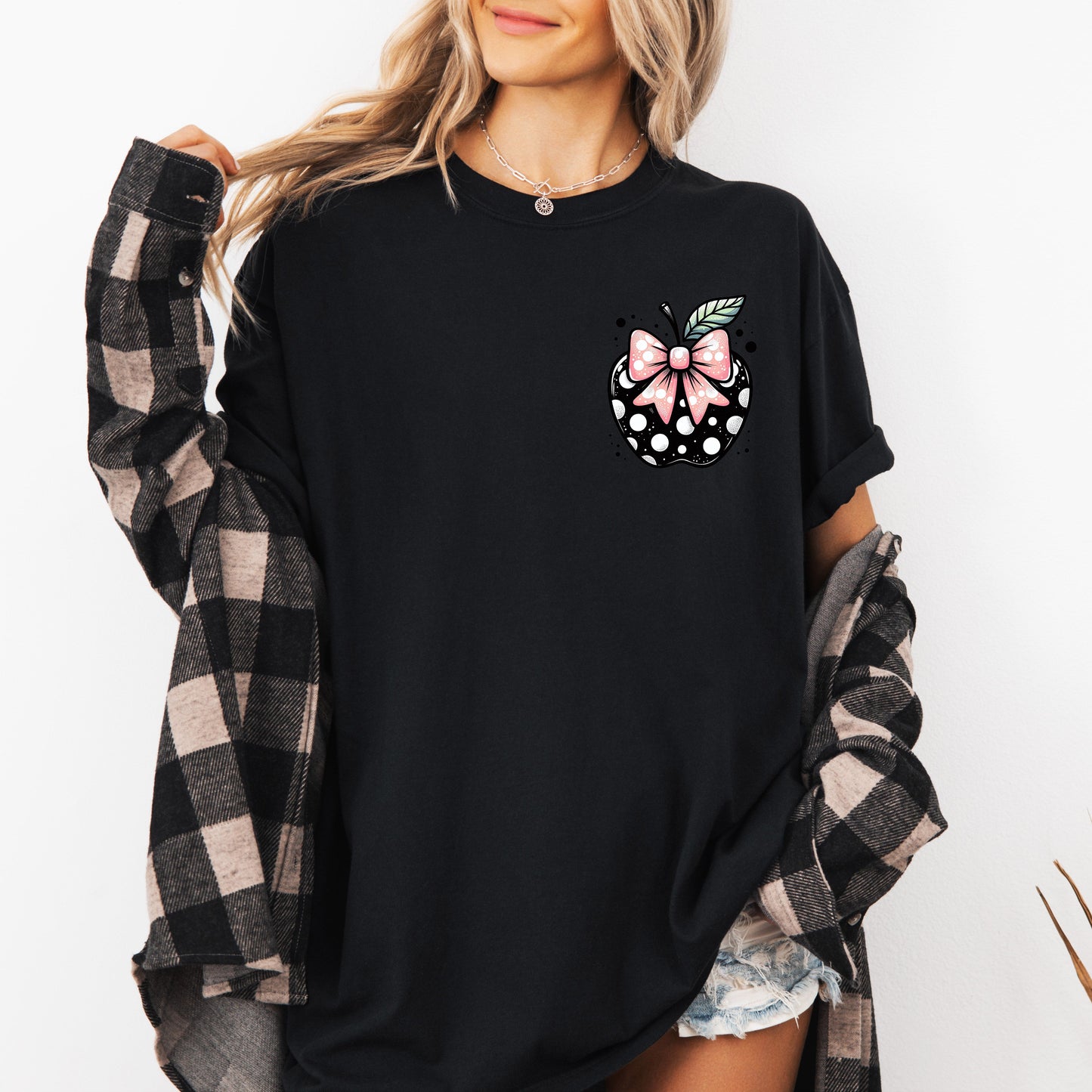 Apple, Bow, Pocket, Back to School, First Day of School, Cute, Teacher Appreciation, Coquette, Comfort Colors T-Shirt - made to order