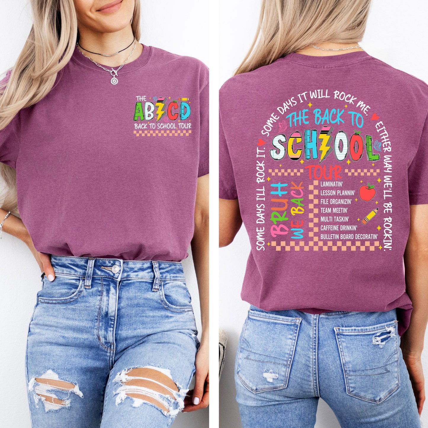 ABCD Back To School Tour, Teacher, Front and Back, First Day of School, Cute, Teacher Appreciation, Coquette, Comfort Colors T-Shirt - MADE TO ORDER
