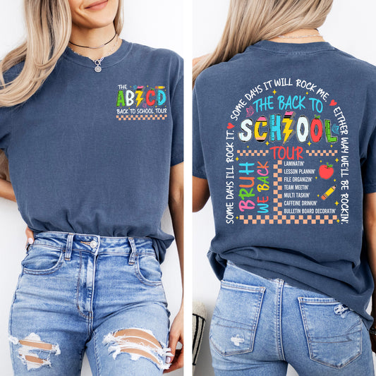 ABCD Back To School Tour, Teacher, Front and Back, First Day of School, Cute, Teacher Appreciation, Coquette, Comfort Colors T-Shirt - MADE TO ORDER