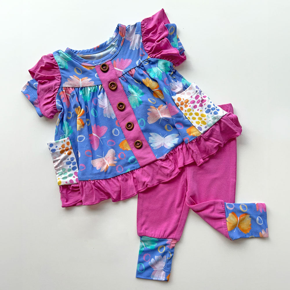 Korrie Butterflies Bamboo Short Sleeve Peplum + Legging Set