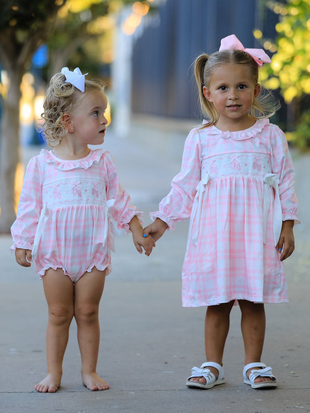 Pink Plaid Ruffle Ballet Shoe Embroidery Long Sleeve Romper