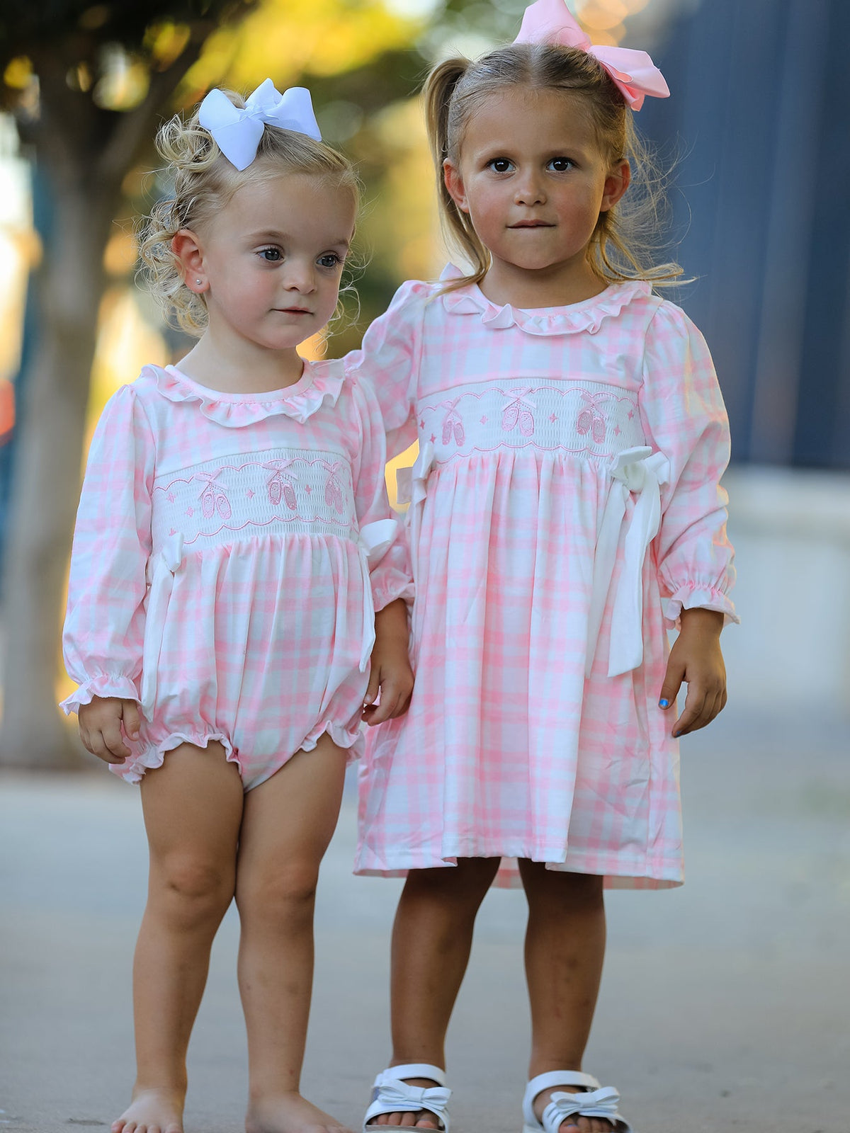 Pink Plaid Ruffle Ballet Shoe Embroidery Long Sleeve Romper