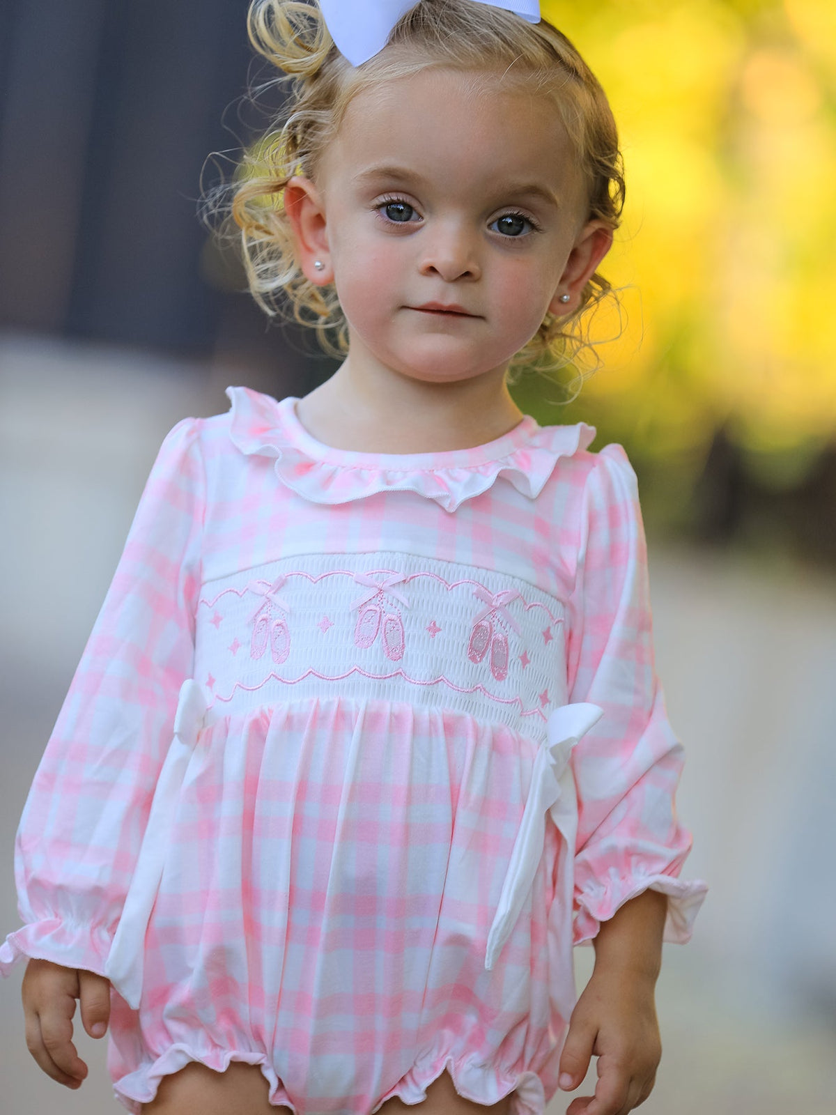 Pink Plaid Ruffle Ballet Shoe Embroidery Long Sleeve Romper
