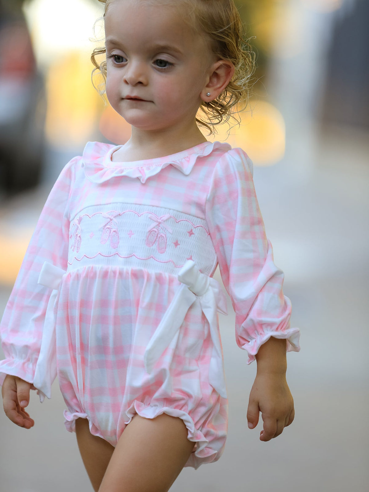 Pink Plaid Ruffle Ballet Shoe Embroidery Long Sleeve Romper