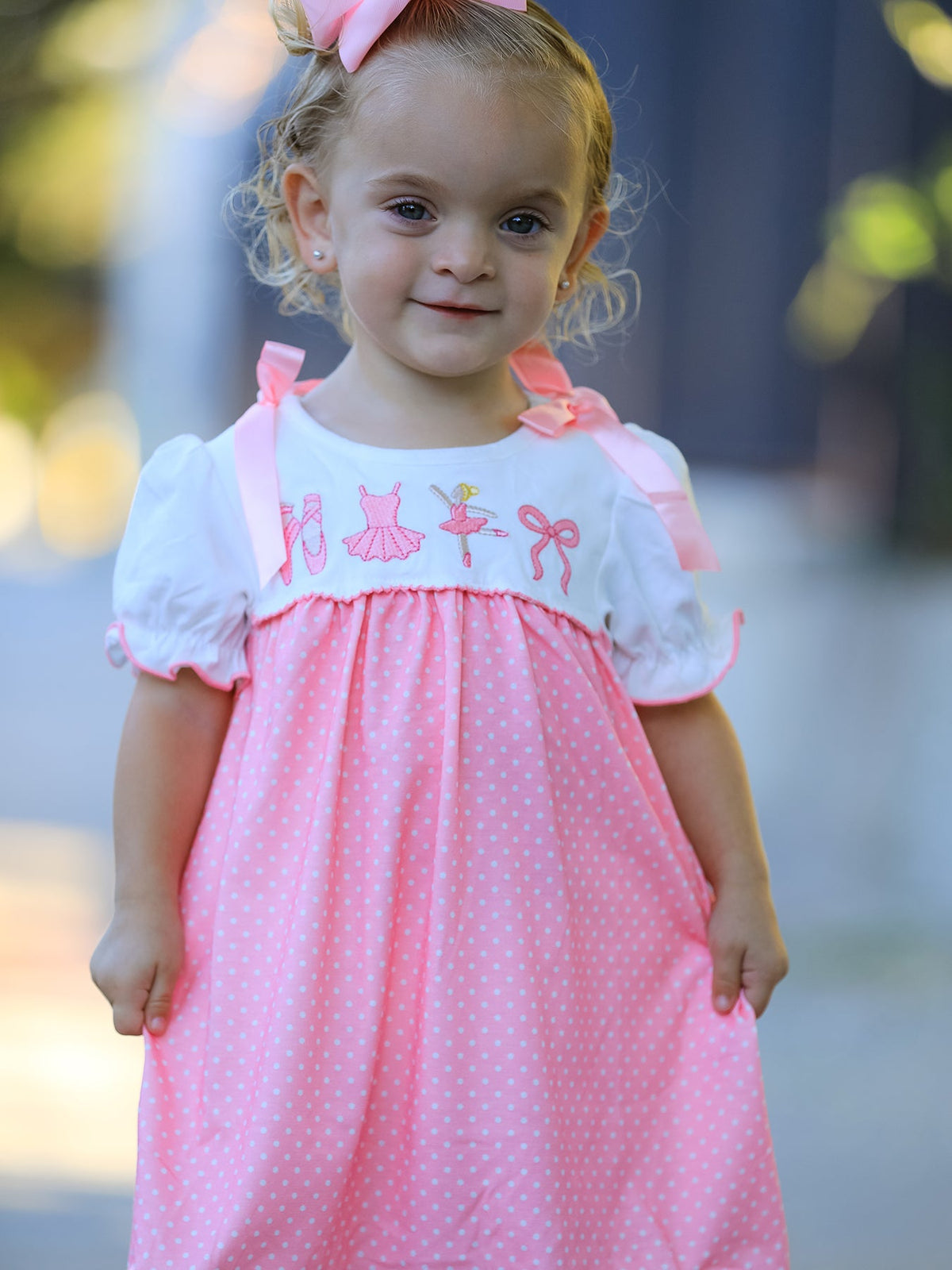 Pink Ballet Embroidery Bow Polka Dot Dress