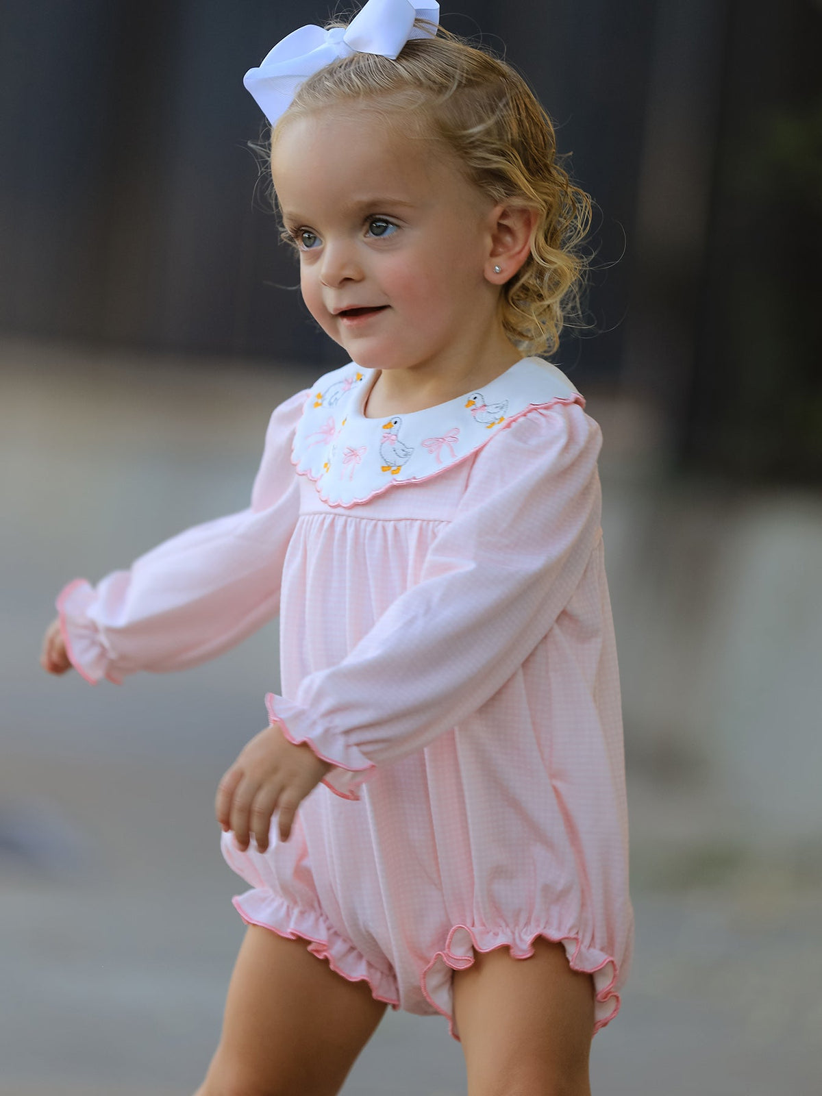 Pink Duck Embroidered Baby Girl Romper Ruffle Collar