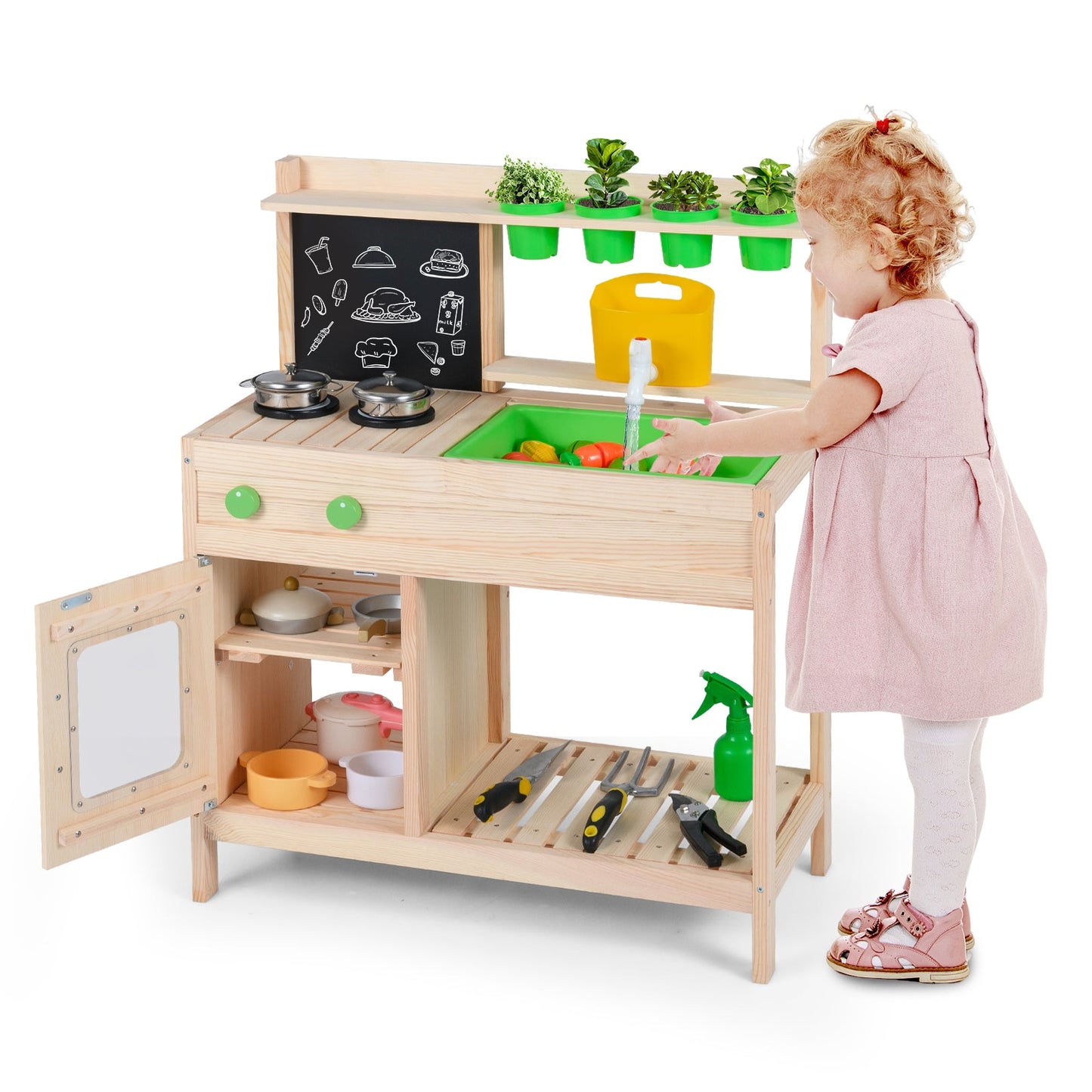 Kid Mud Kitchen Play Pretend Kitchen with Chalkboard for Kids Aged 3+