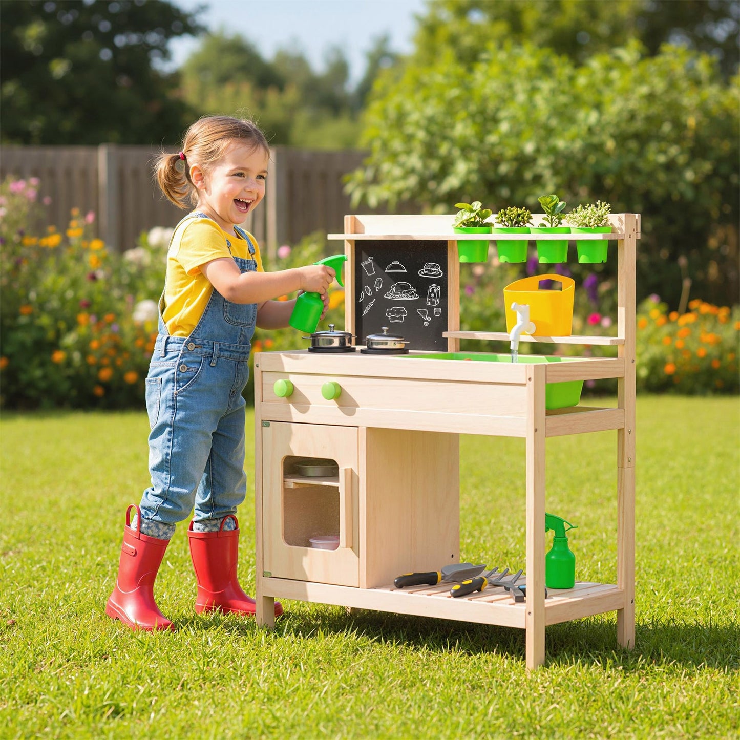 Kid Mud Kitchen Play Pretend Kitchen with Chalkboard for Kids Aged 3+