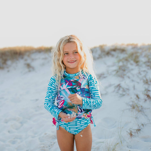 Long Sleeve Teal/Fuchsia Tropical Rash Guard Swimsuit