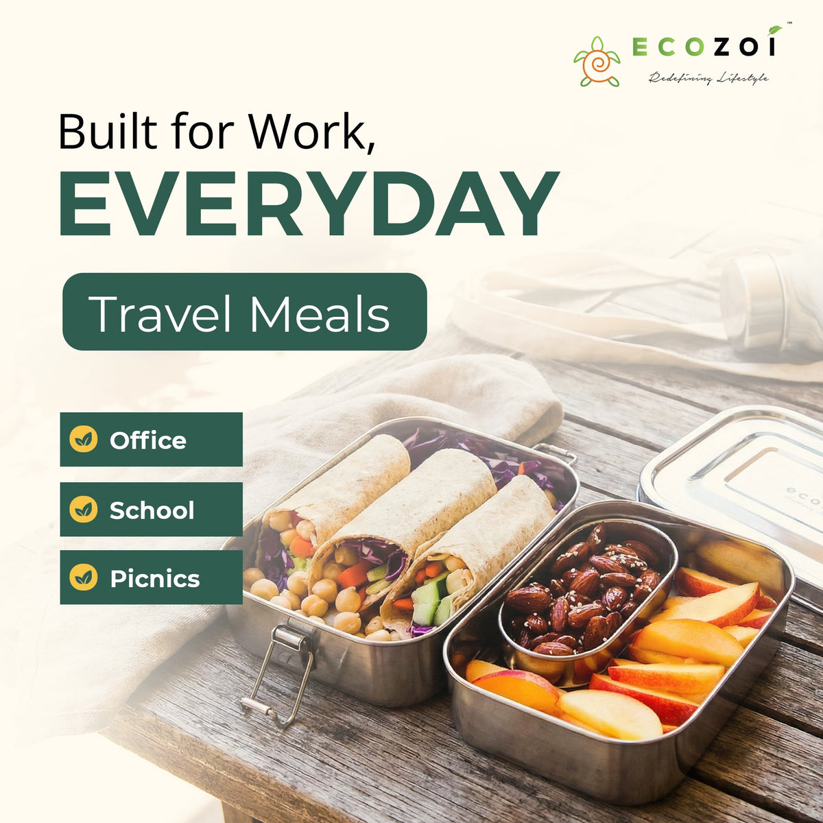 Ecozoi Stainless Steel Bento Lunch Box for Kids and Adults, 3 Compartment, Solid Print, 2 Tier Leak Proof, 60 oz