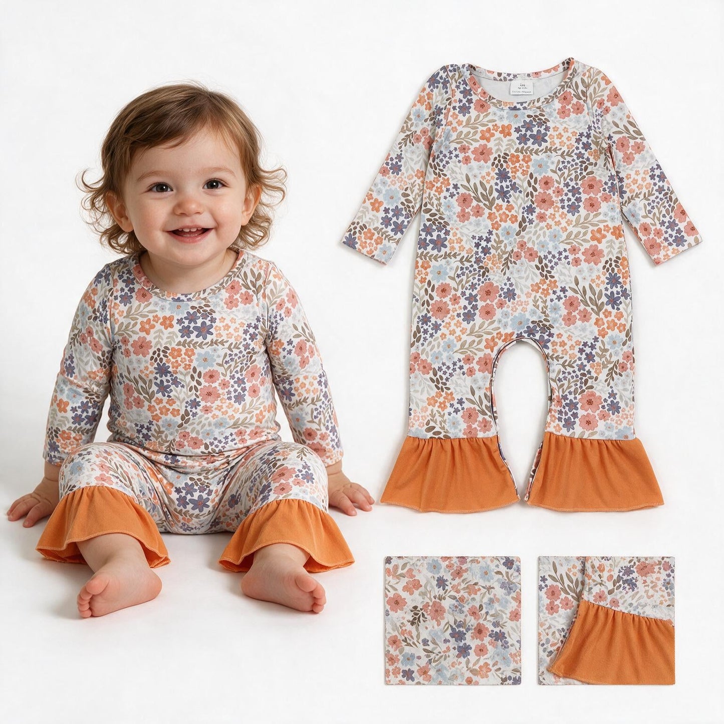 Ruffle floral long sleeves baby girls fall romper