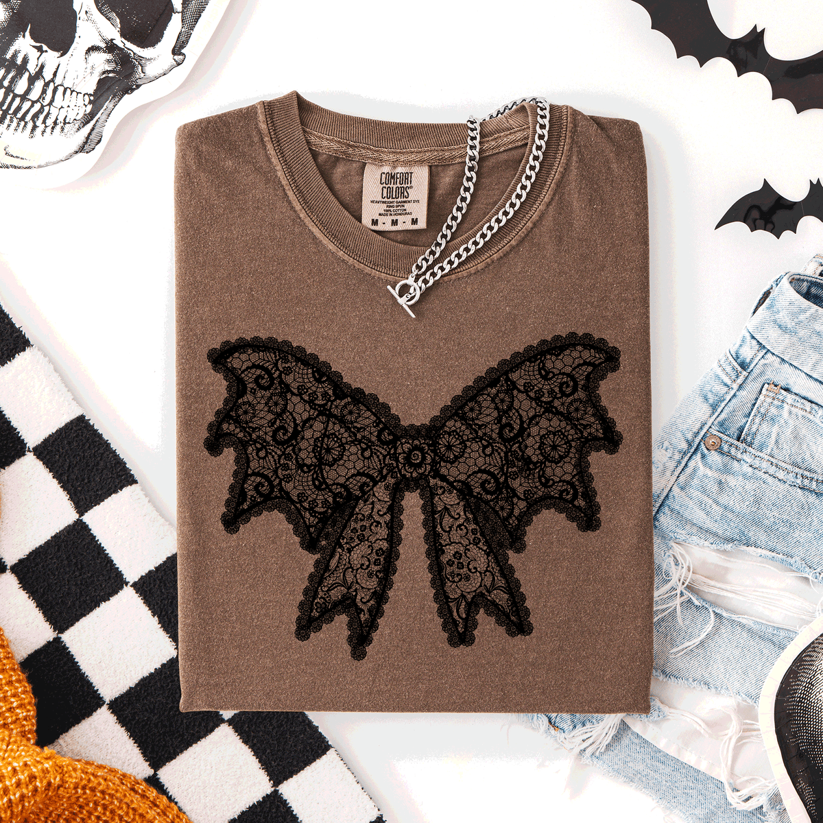 Lace Bow, Halloween, Goth, Faux Lace, Ribbon, Coquette, Comfort Colors T-Shirt
