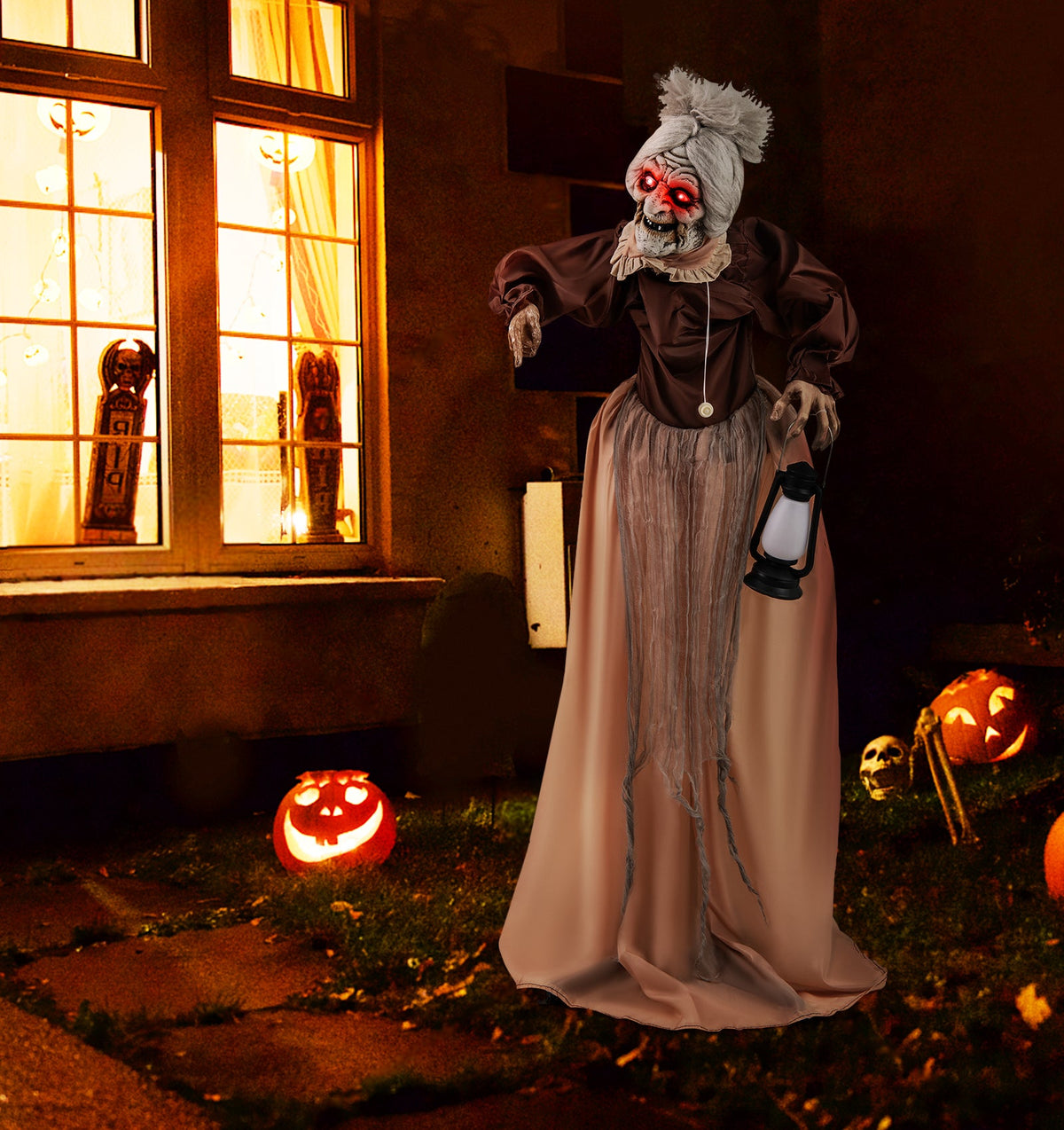Life-Size Halloween Animatronic Moving and Talking Old Lady Hag Prop
