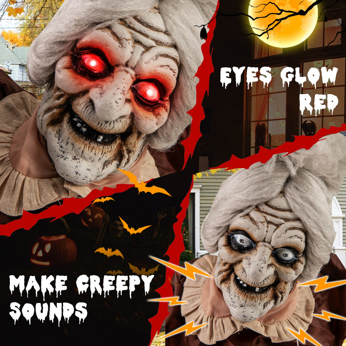 Life-Size Halloween Animatronic Moving and Talking Old Lady Hag Prop