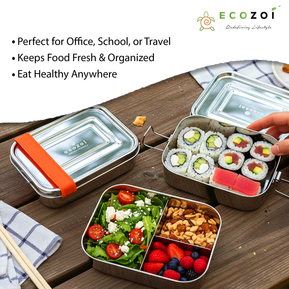 Ecozoi Stainless Steel Bento Lunch Box for Kids and Adults, 3 Compartment, Solid Print, 2 Tier Leak Proof, 60 oz