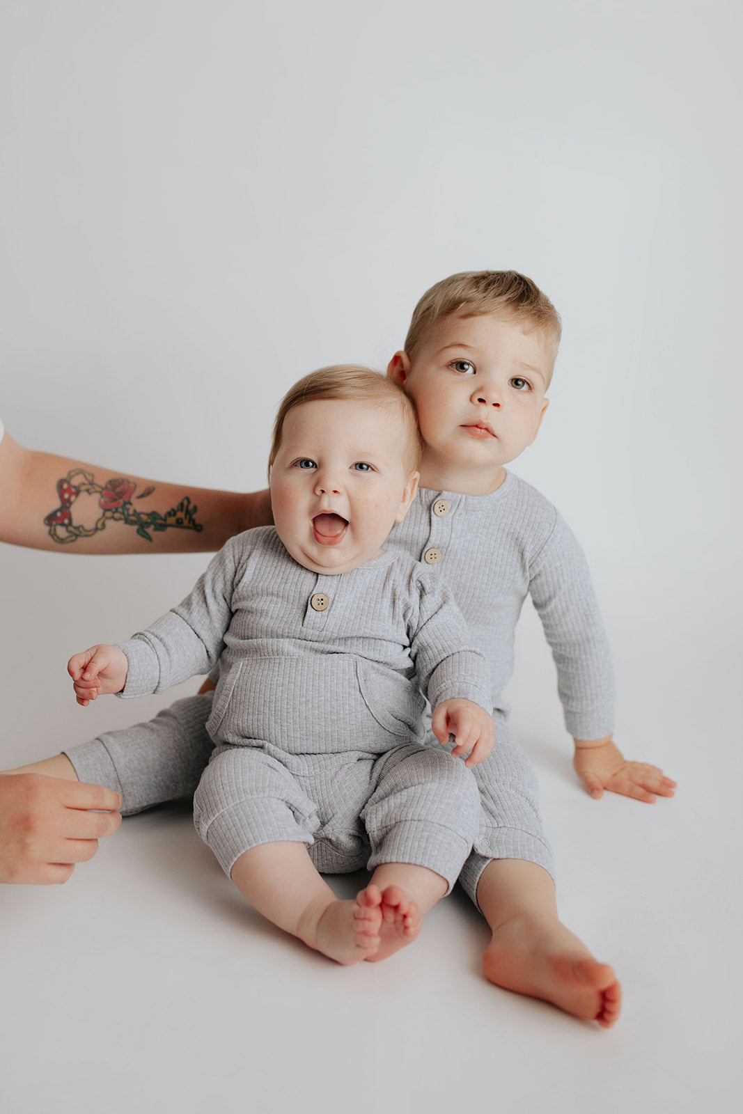 Gray Baby Ribbed Playsuit with pockets
