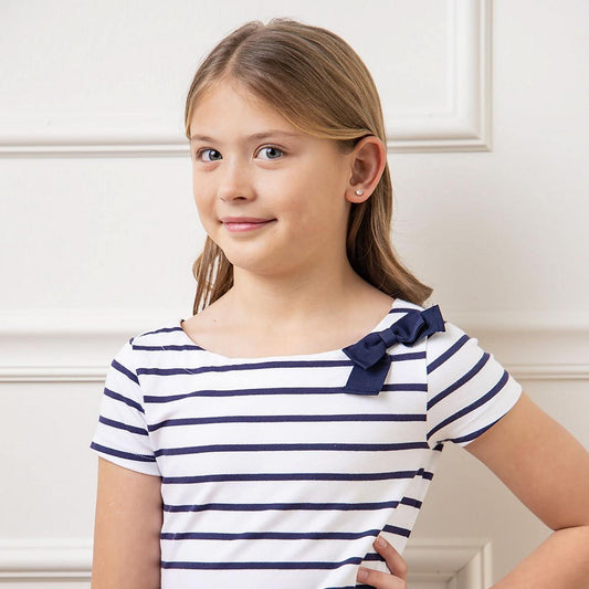 Short Sleeve Organic Knit Skater Dress - White and Navy Stripe