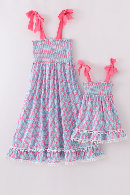 Blue ribbon lace charm smocked adult dress