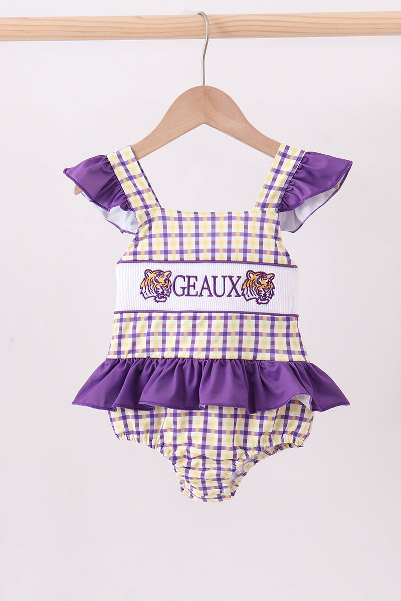 Purple LSU GEAUX smocked swimsuit