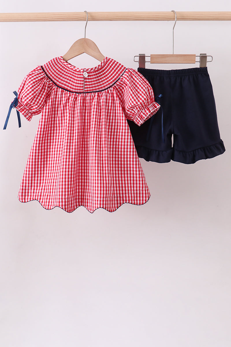 Red flag smocked gingham ruffle shorts set