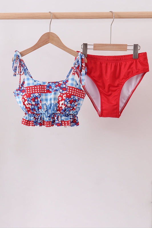 Red floral print 2pc womens swimsuit