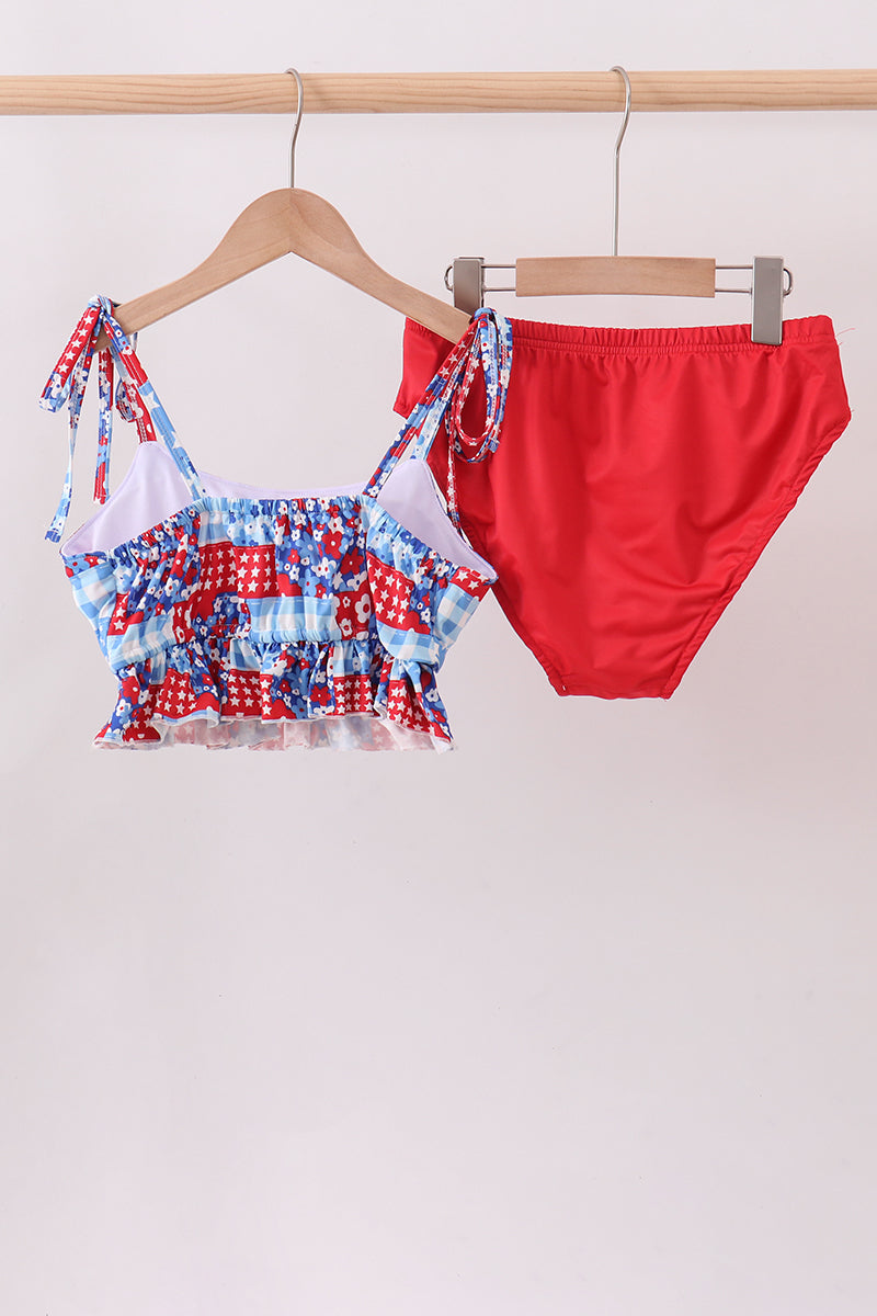 Red floral print 2pc womens swimsuit
