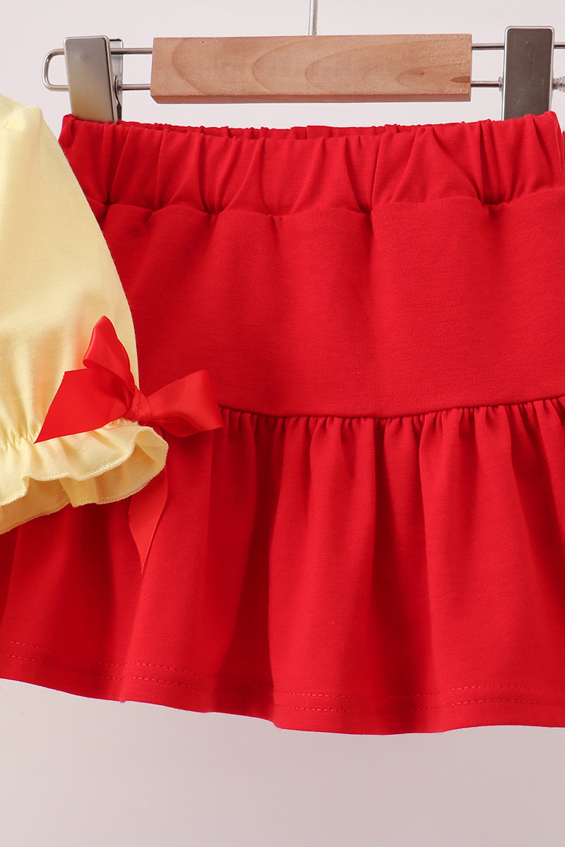 Yellow Apple Crayon Embroidered Girls Skorts Set