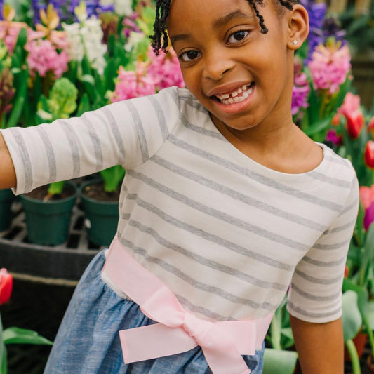 Lightweight Blocked Organic Skater Dress - Gray Stripe with Chambray