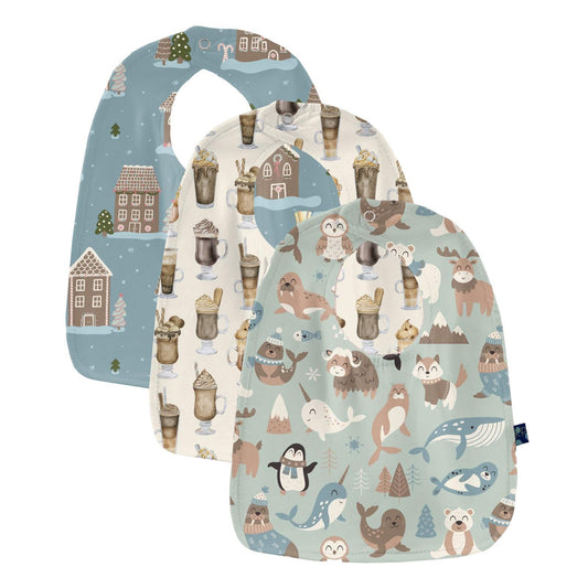 Print Bib Set of 3 in Aloe Arctic Animals, Natural Hot Chocolate & Stormy Sea Gingerbread Town
