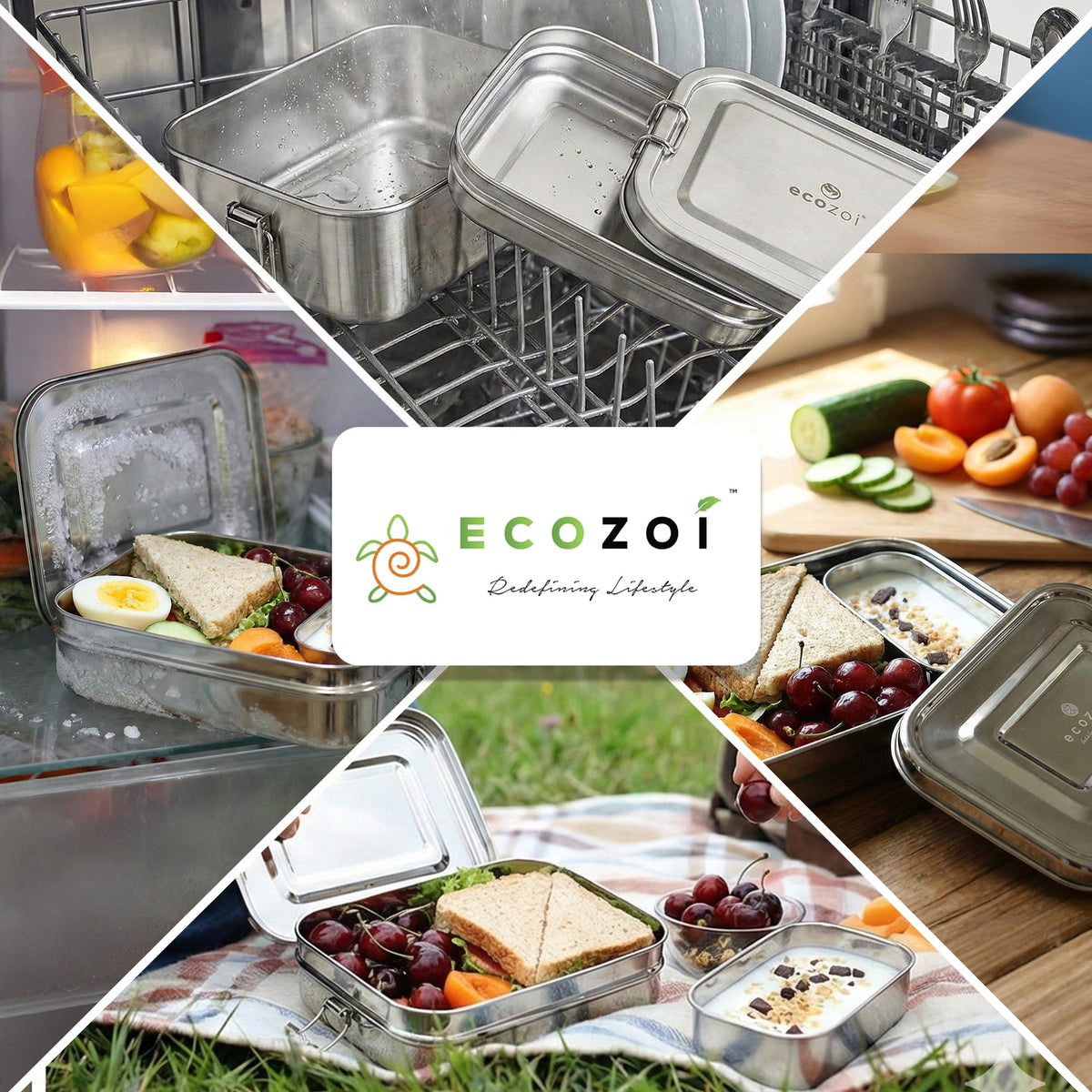 Ecozoi Stainless Steel Bento Lunch Box for Kids and Adults, 3 Compartment, Solid Print, 2 Tier Leak Proof, 60 oz