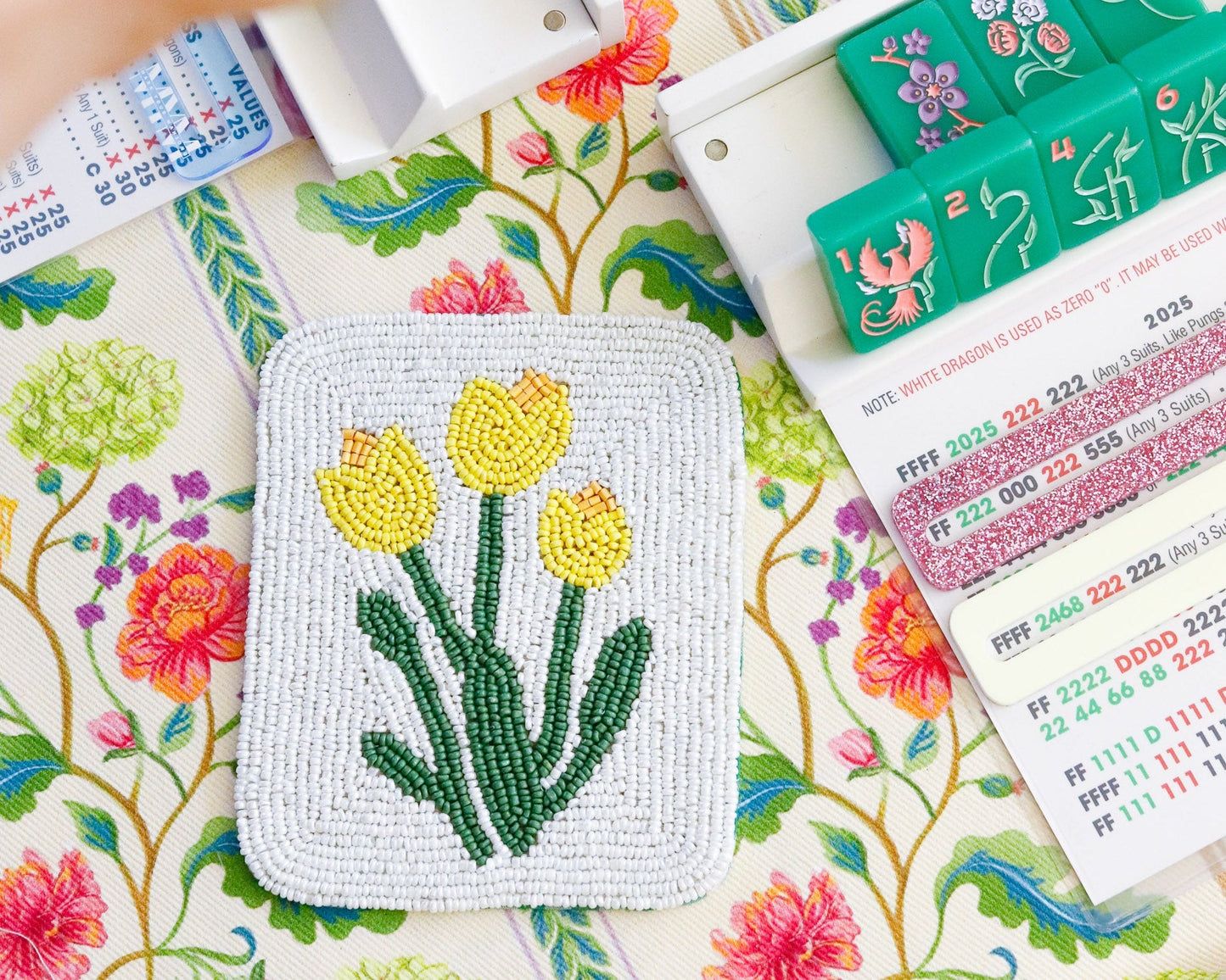 Hand-Beaded Flower Tile Coasters - Mixed Flowers