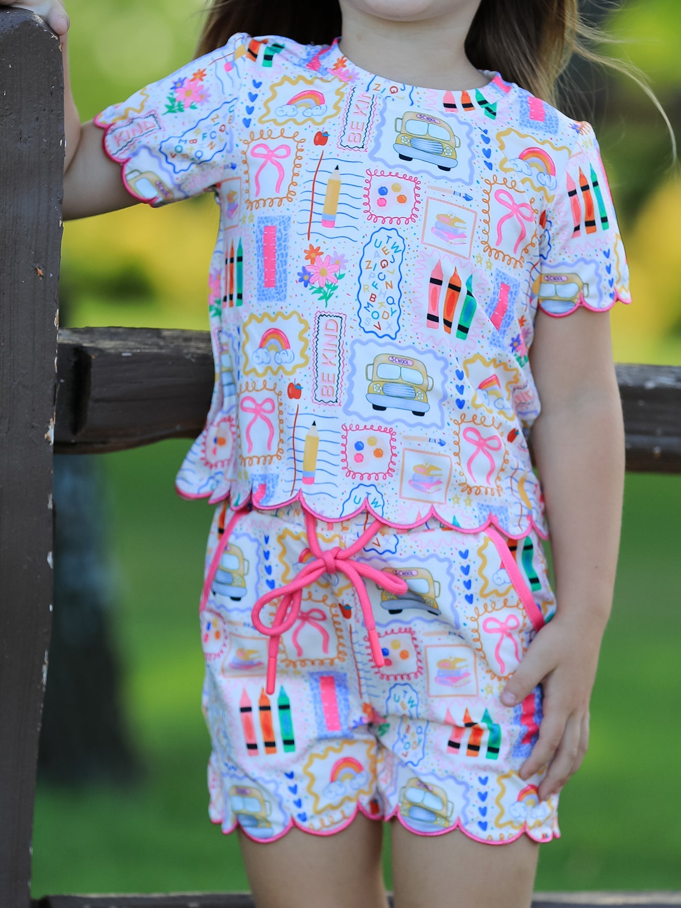 Back to School Print Girl Short Set Scallop Hem
