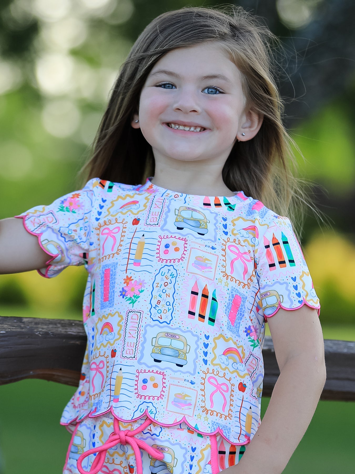 Back to School Print Girl Short Set Scallop Hem