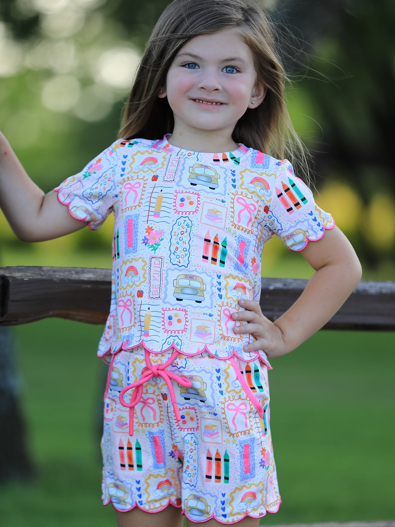Back to School Print Girl Short Set Scallop Hem