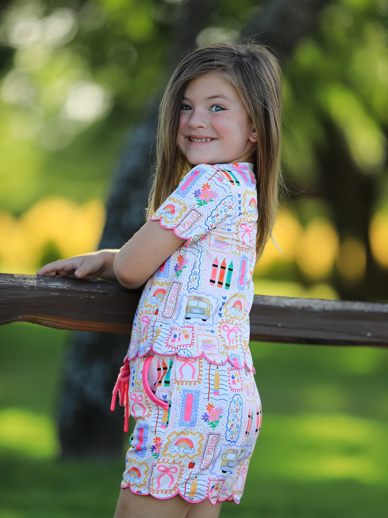 Back to School Print Girl Short Set Scallop Hem