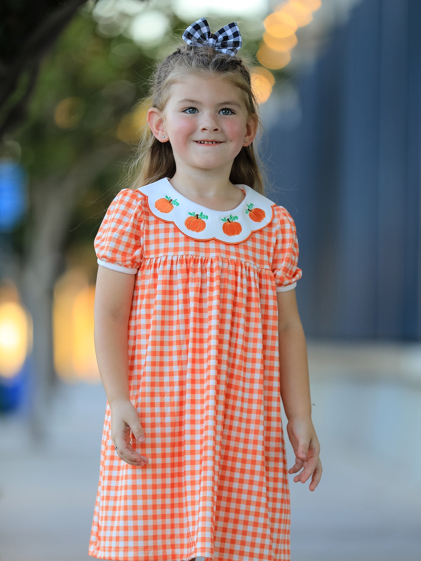 Fall Pumpkin Embroidered Puff Sleeve Girls Dress